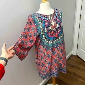 Tolani Colby Graphic Print Silk Tunic/ Cover up Sz L